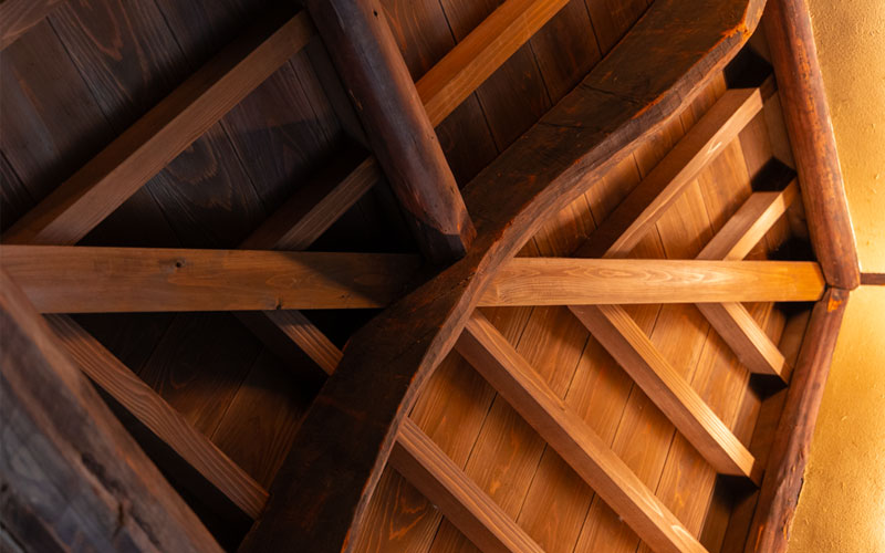 Closeup of wooden joinery in the Shōya House at the Huntington Library