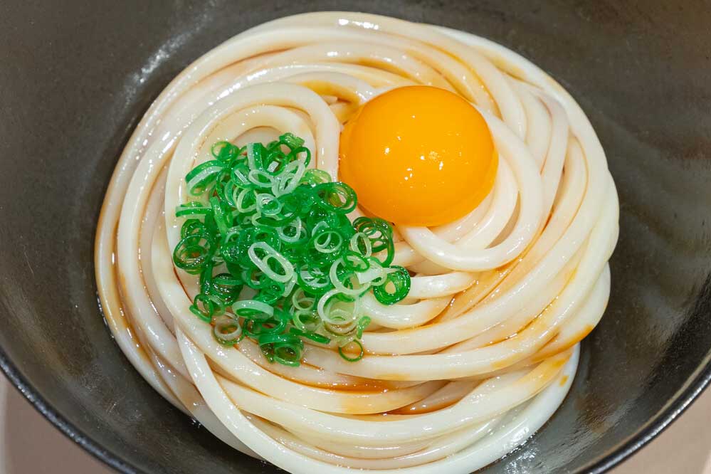 Food replica of Sanuki udon, garnished with egg yolk and scallions