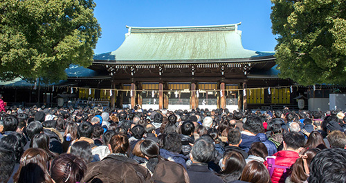 A crowd gathers for hatsumode, a visit to the shrine on New Years