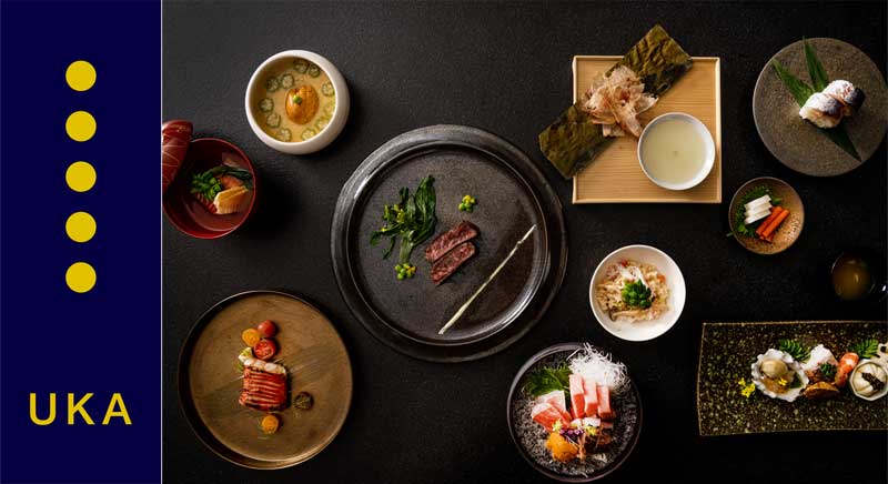 Japanese kaiseki dishes by UKA restaurant and logo