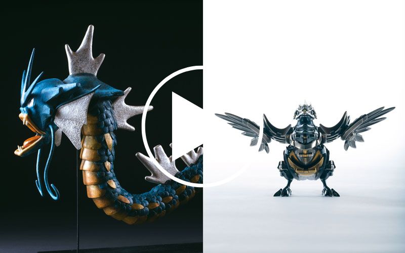 Left: Articulated Gyarados, Haruo Mitsuta | Right: Transformable Ornament, Rookidee/Corviknight, Yuki Tsuboshima