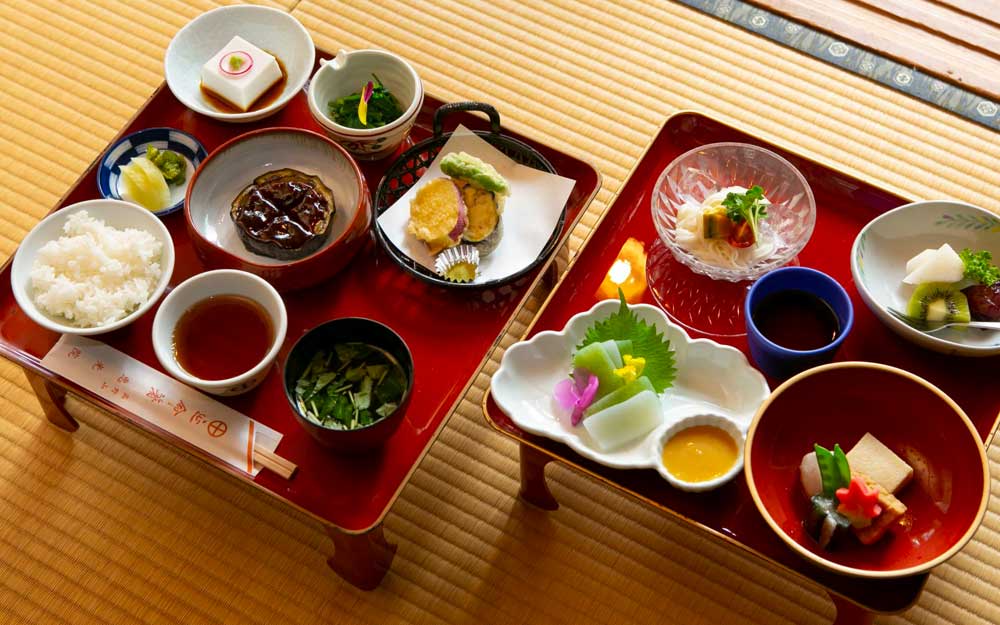 Two trays full of shojin-style food