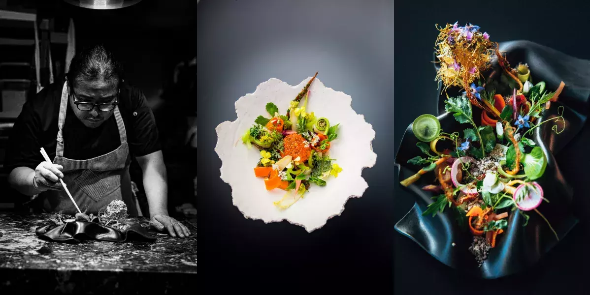 Chef Hiroo Nagahara and two conceptual dishes for the modern kaiseki popup restaurant.