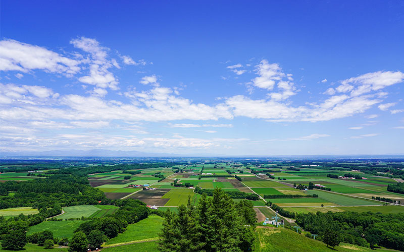 Shin Arashiyama Sky Park Observatory in Hokkaido, overlooking vast landscape under clear skies.
