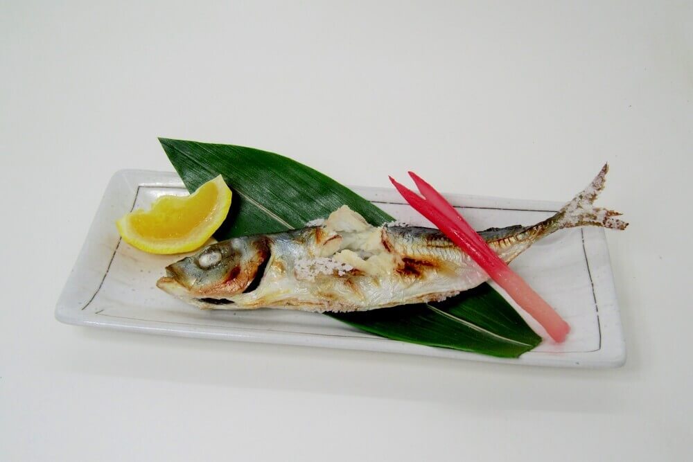 Plastic food model of grilled fish.