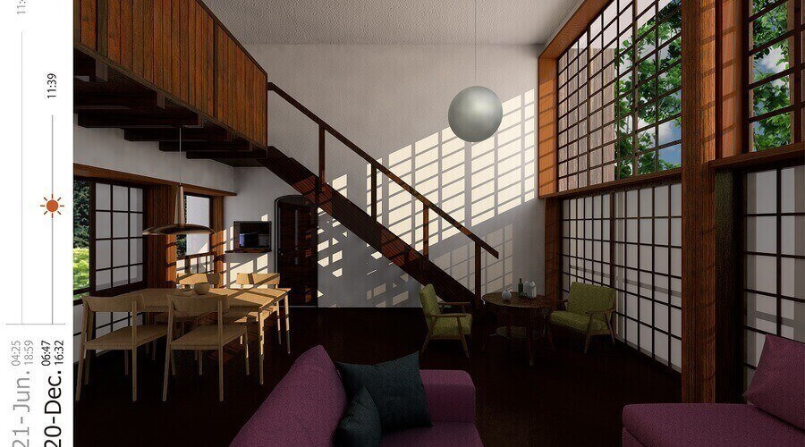 Modern interior with large windows, staircase, and furniture, likely Kunio Maekawa Residence. 